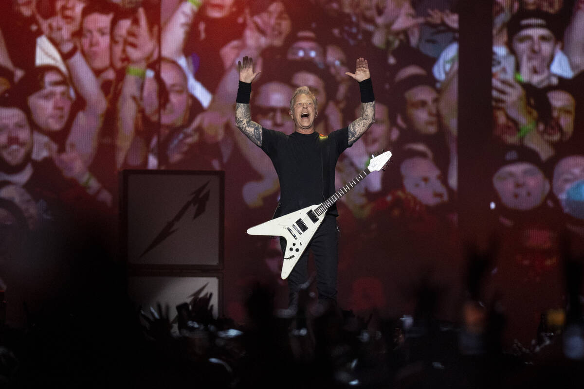 James Hetfield of Metallica performs in a music concert at Allegiant Stadium in Las Vegas, Frid ...