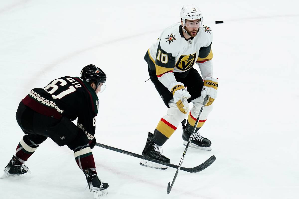 Arizona Coyotes defenseman Shayne Gostisbehere (14) celebrates his goal against the Vegas Golde ...