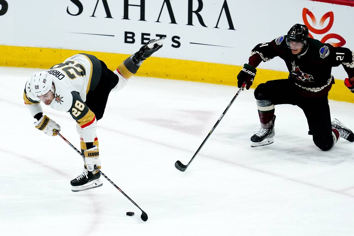 Arizona Coyotes goaltender Scott Wedgewood (31) celebrates the team's 3-1 win against the Vegas ...