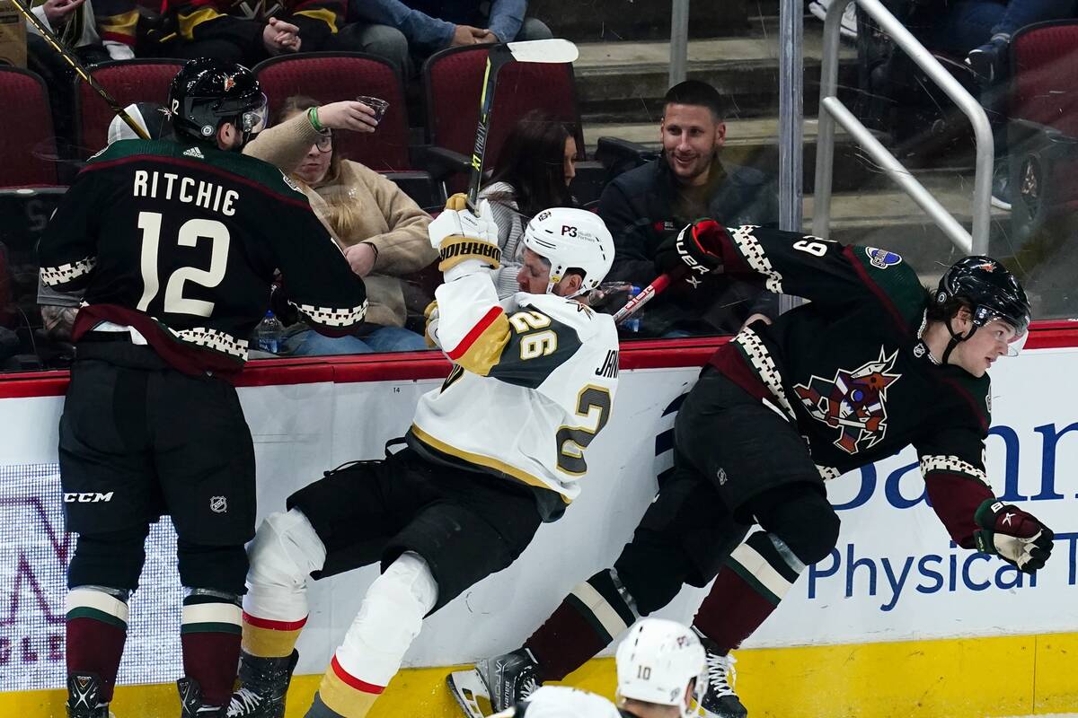 Vegas Golden Knights left wing William Carrier (28) celebrates his goal against the Arizona Coy ...