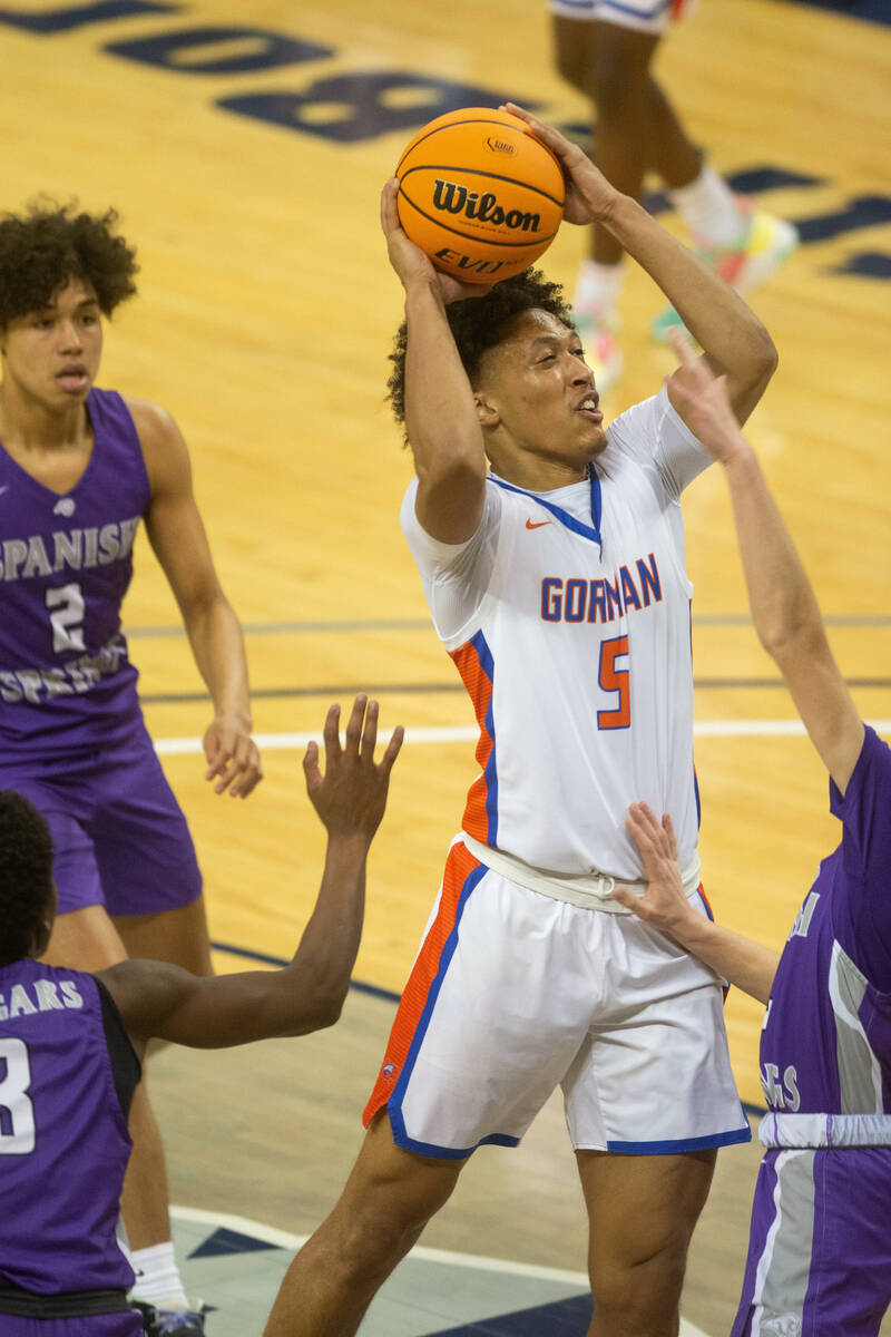 Bishop Gorman's Darrion Williams scores against Spanish Springs High School during the NIAA Cla ...