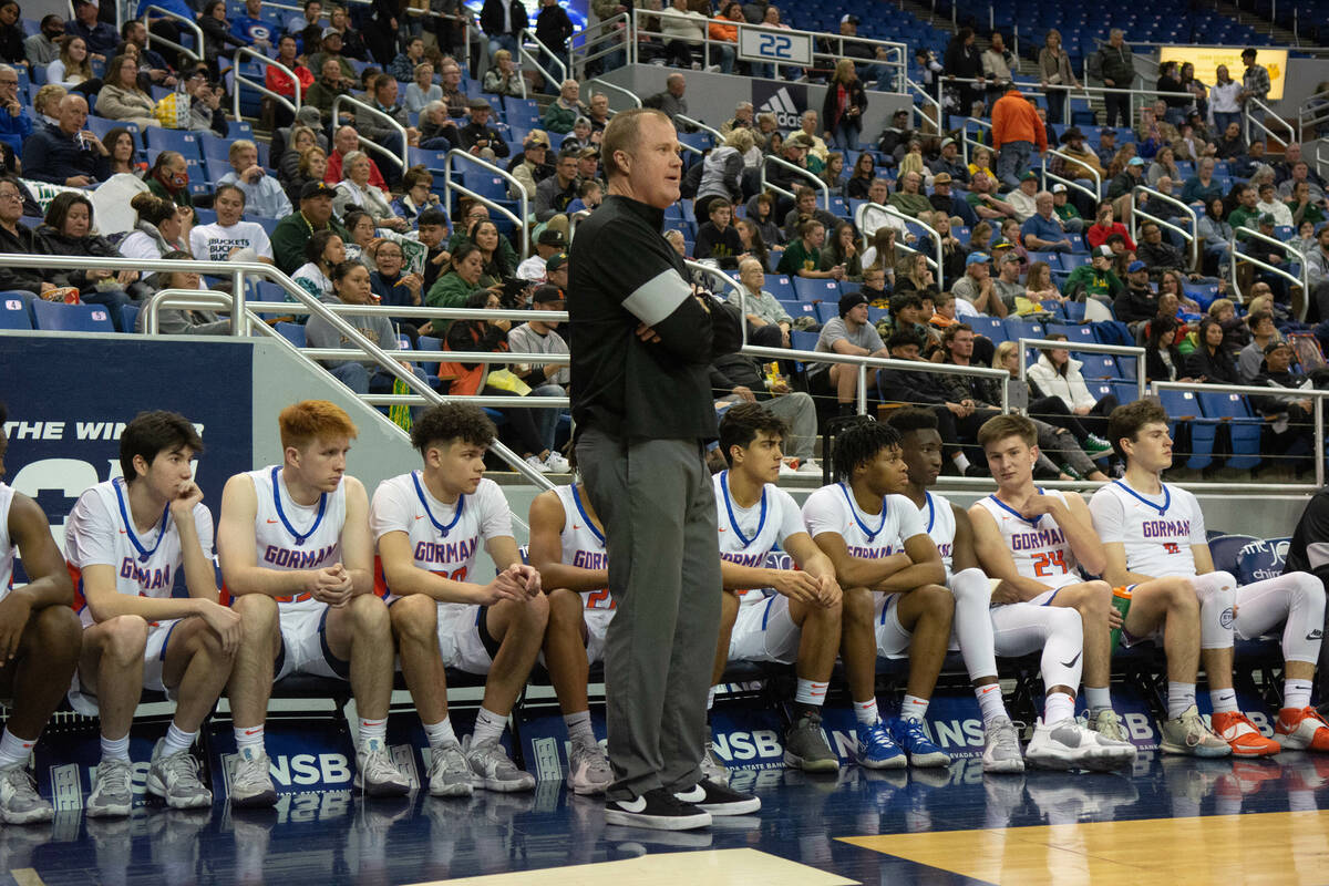 Bishop Gorman head coach Grant Rice on the sidelinesduring the NIAA Class 5A boys basketball st ...
