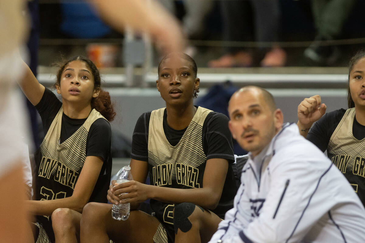 The Spring Valley bench during their game against Bishop Manogue during the NIAA Class 5A girls ...