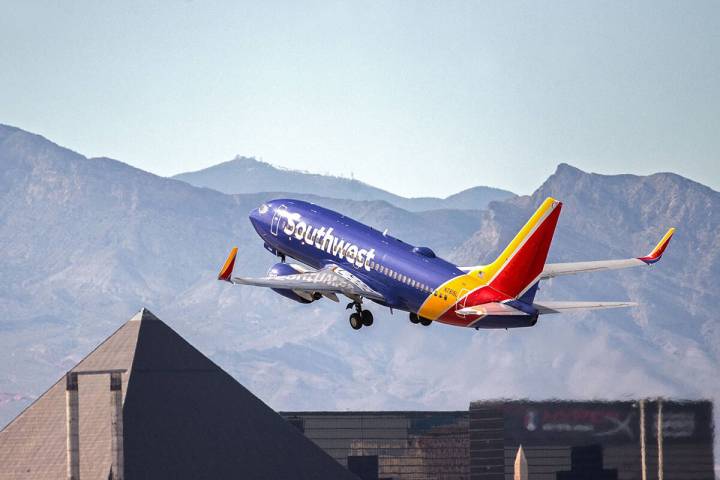 A Southwest plane takes off from McCarran International Airport on Tuesday, March 31, 2020, in ...