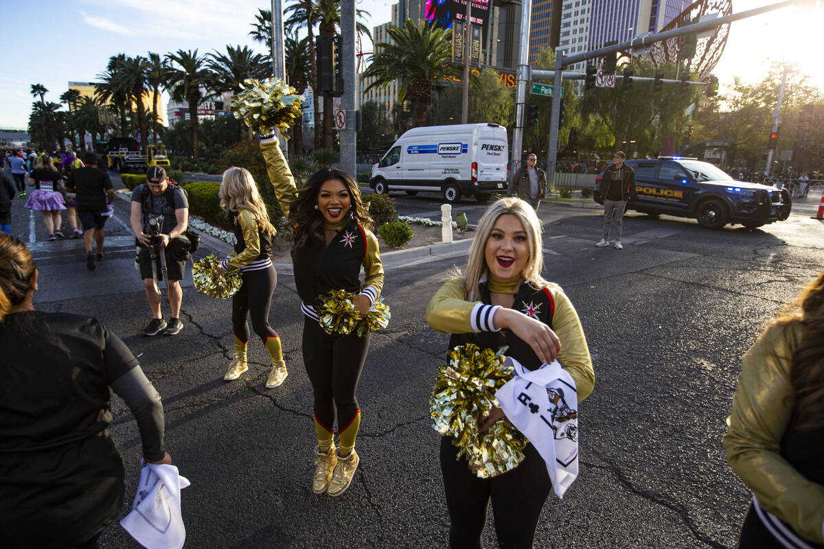 Members of the Vegas Golden Knights cast cheer on the crowd during the Rock ‘n’ R ...
