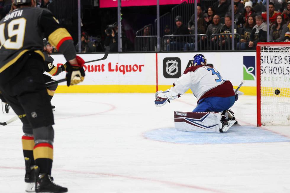 Vegas Golden Knights center Jonathan Marchessault (81) takes a shot for a score against Colorad ...