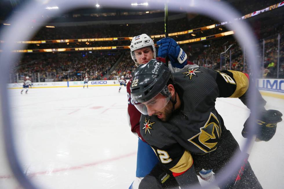 Colorado Avalanche defenseman Ryan Murray (28) pressures Vegas Golden Knights center Michael Am ...