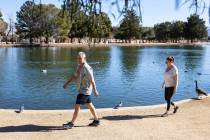 Brian Patterson and his wife Tammy of Las Vegas walk along the pond at Sunset Park on Wednesday ...