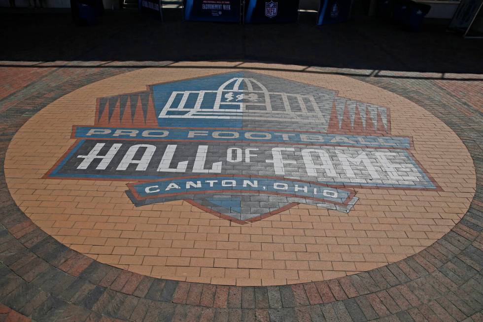 Painted bricks of the Pro Football Hall of Fame logo in the concourse of the stadium during an ...