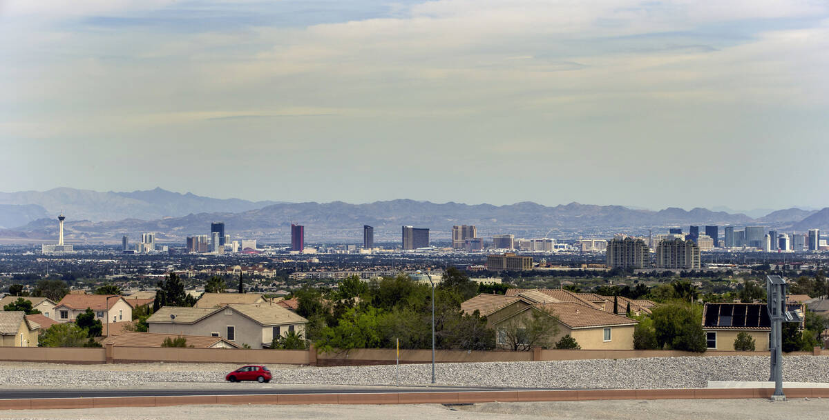 The Las Vegas skyline beyond the 215 Beltway at the Summerlin Parkway on Sunday, April 26, 2020 ...