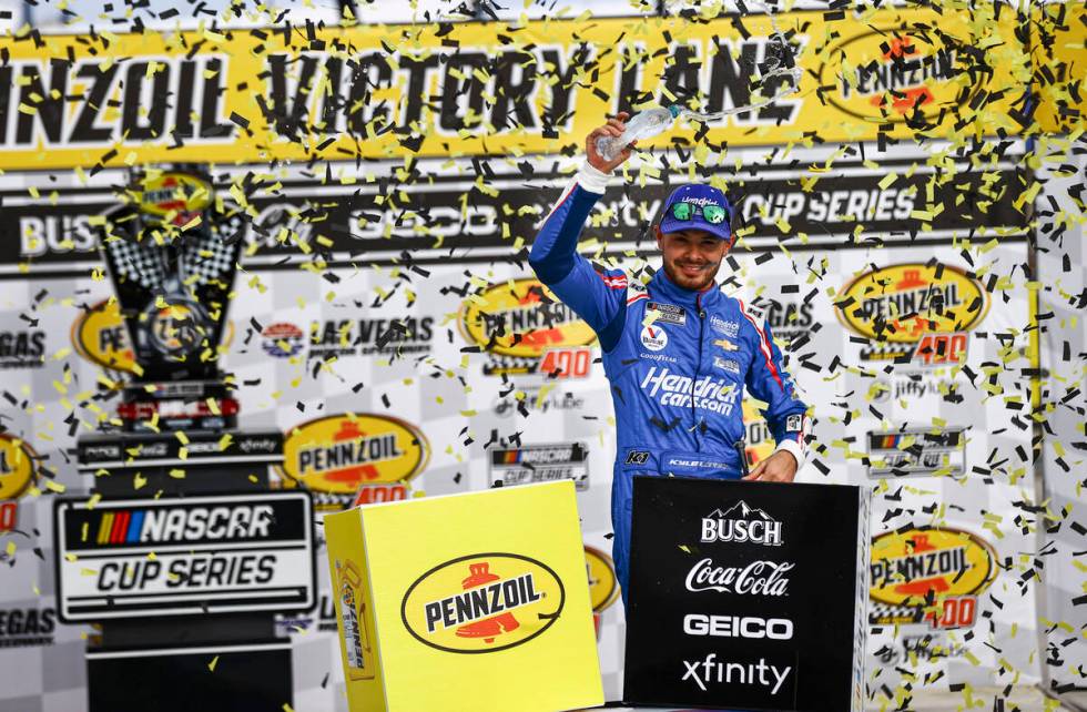 Kyle Larson celebrates after winning the NASCAR Cup Series Pennzoil 400 auto race at the Las Ve ...