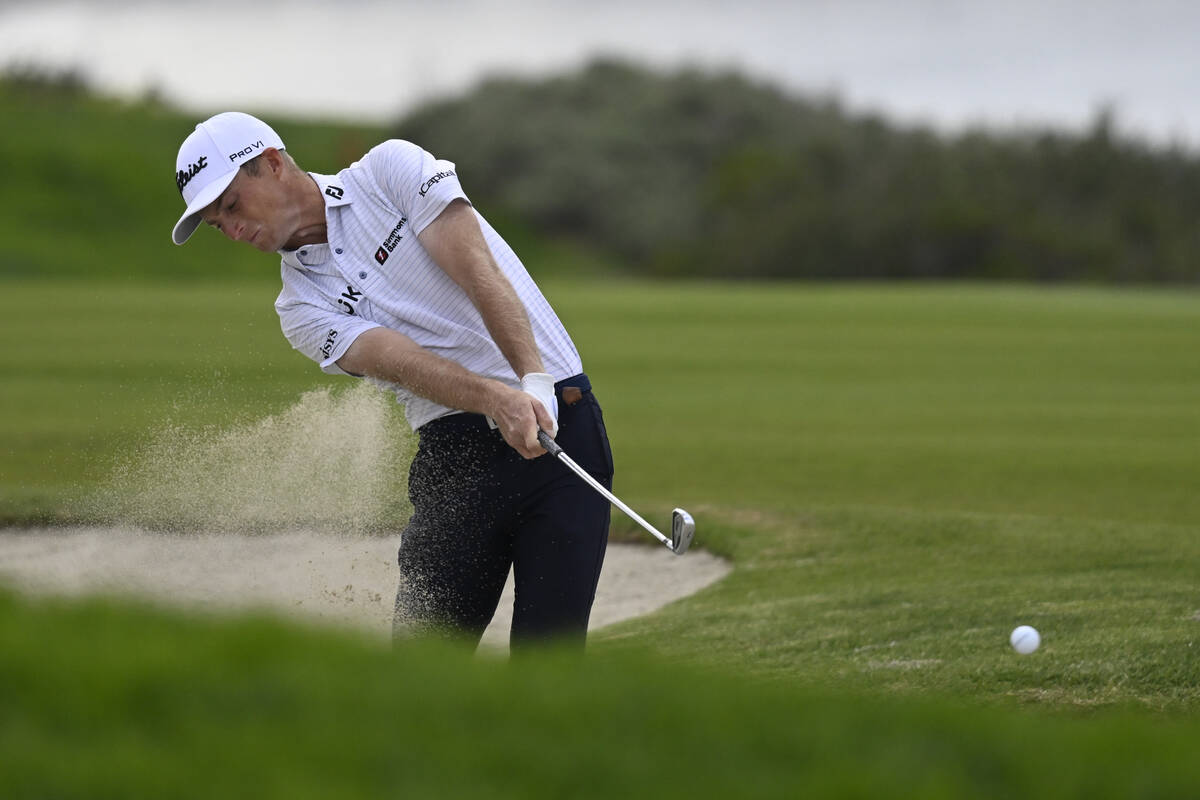 Will Zalatoris hits out of the bunker on the fourth hole of the South Course during the final r ...