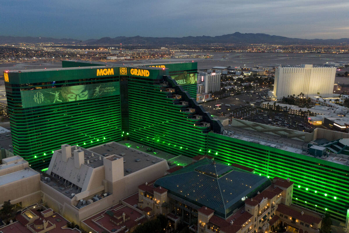 This January 12, 2022, file photo shows aerial view of the MGM Grand hotel-casino on the south ...