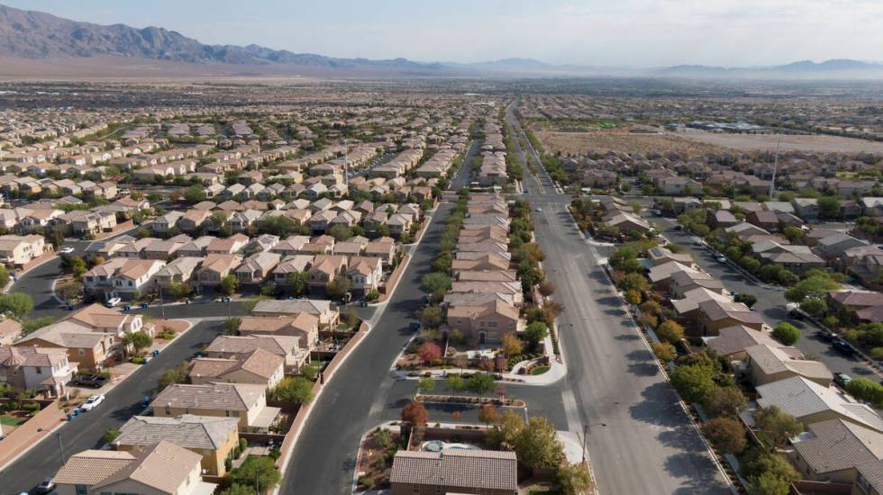 An aerial view of housing developments near Farm Road and Shaumber Road in Las Vegas on Monday, ...