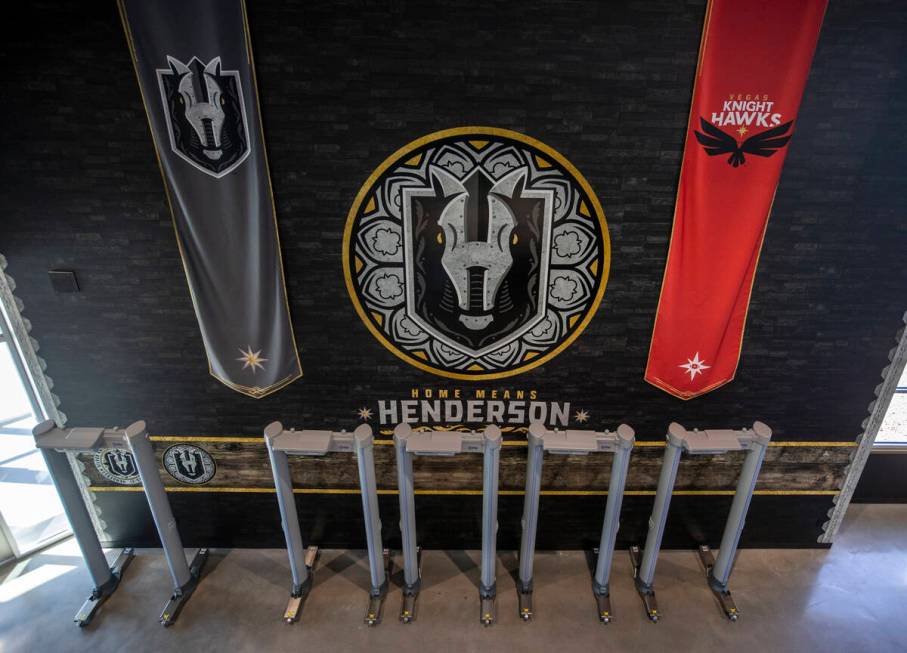 Banners for the Silver Knights and Vegas Golden Hawks hang in the concourse during a tour of th ...