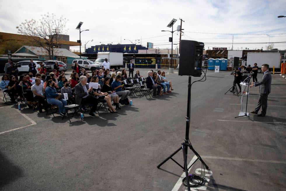 Professor Michael Kagan, director of the UNLV Immigration Clinic, speaks during the grand openi ...