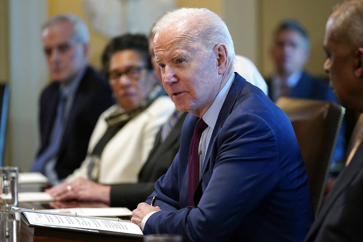 President Joe Biden speaks during a cabinet meeting in the Cabinet Room of the White House, Thu ...