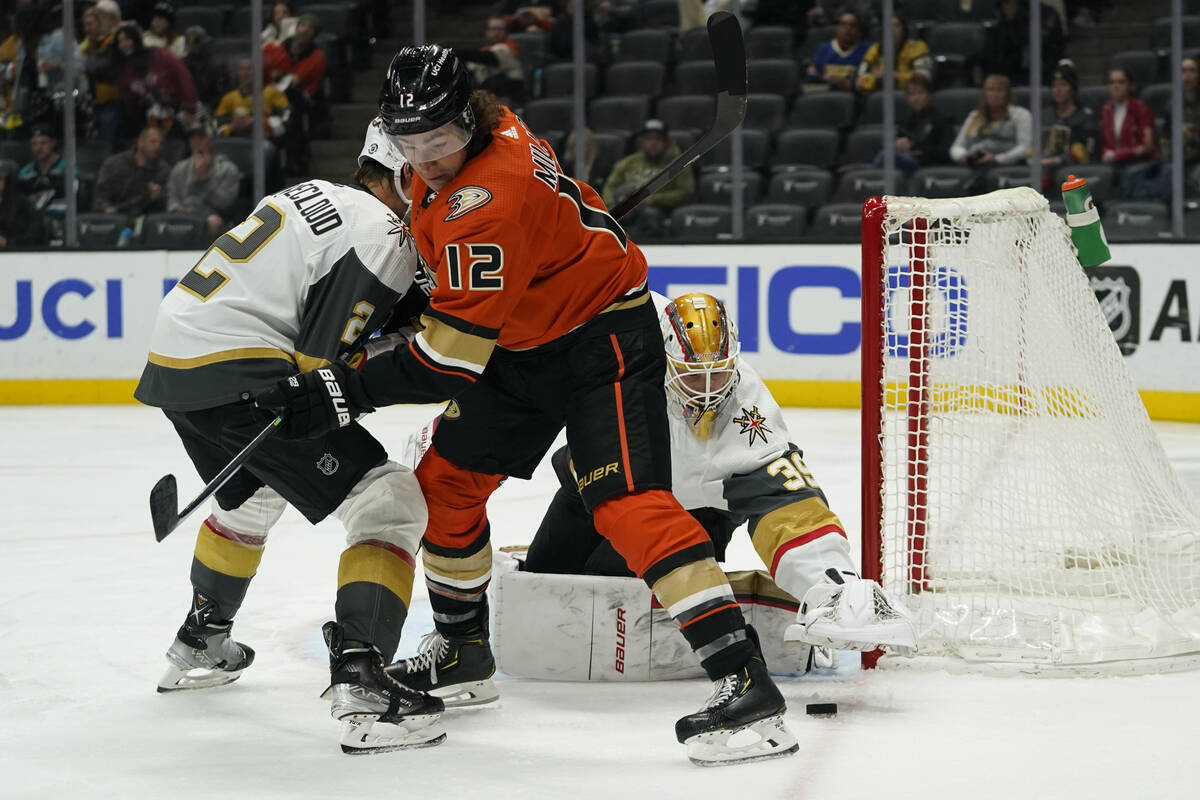 Vegas Golden Knights goaltender Laurent Brossoit (39) stops a shot by Anaheim Ducks left wing S ...