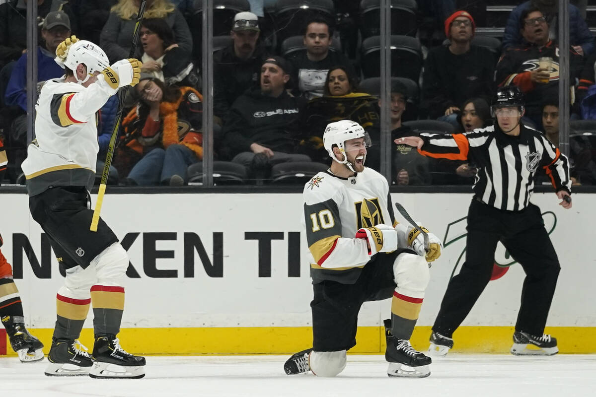 Vegas Golden Knights center Nicolas Roy (10) reacts after scoring during the second period of a ...