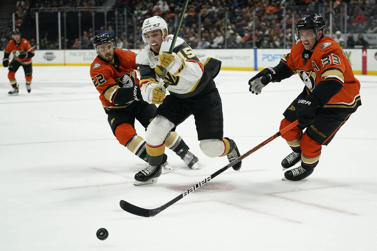 Vegas Golden Knights center Jake Leschyshyn (15), Anaheim Ducks defenseman Kevin Shattenkirk (2 ...