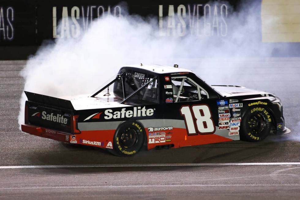 Chandler Smith (18) celebrates his win in the NASCAR Camping World Truck Series 5th Annual Vict ...