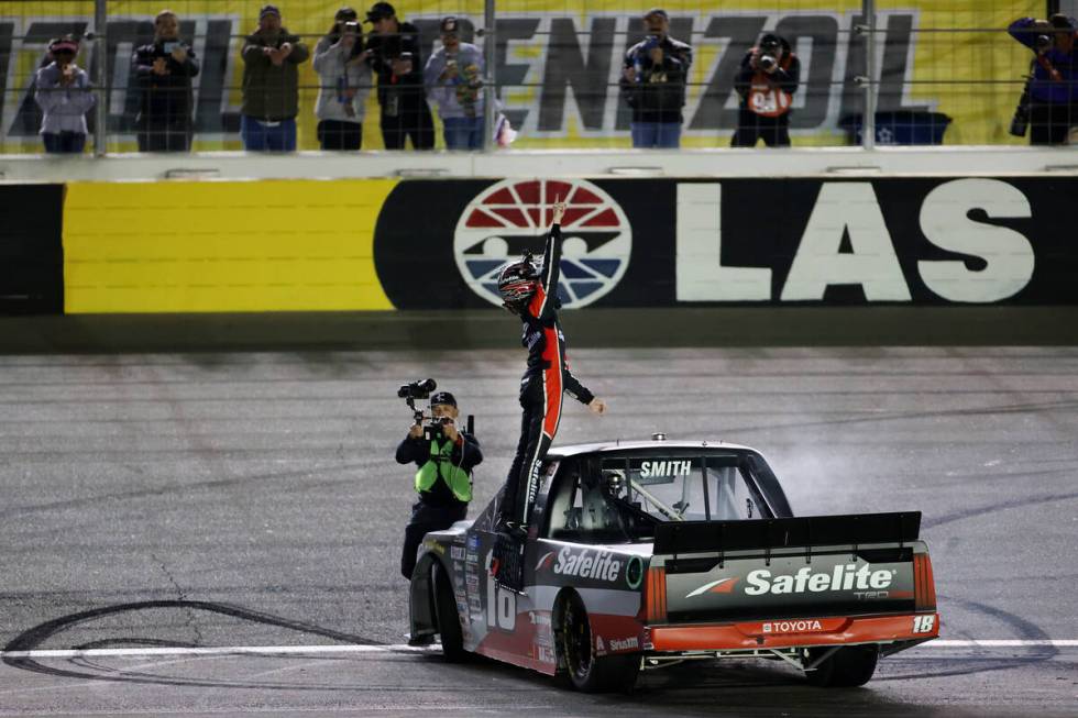 Chandler Smith (18) celebrates his win in the NASCAR Camping World Truck Series 5th Annual Vict ...