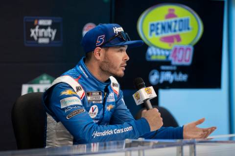 Cup Series driver Kyle Larson (5) speaks to the media after qualifying for the Pennzoil 400 on ...