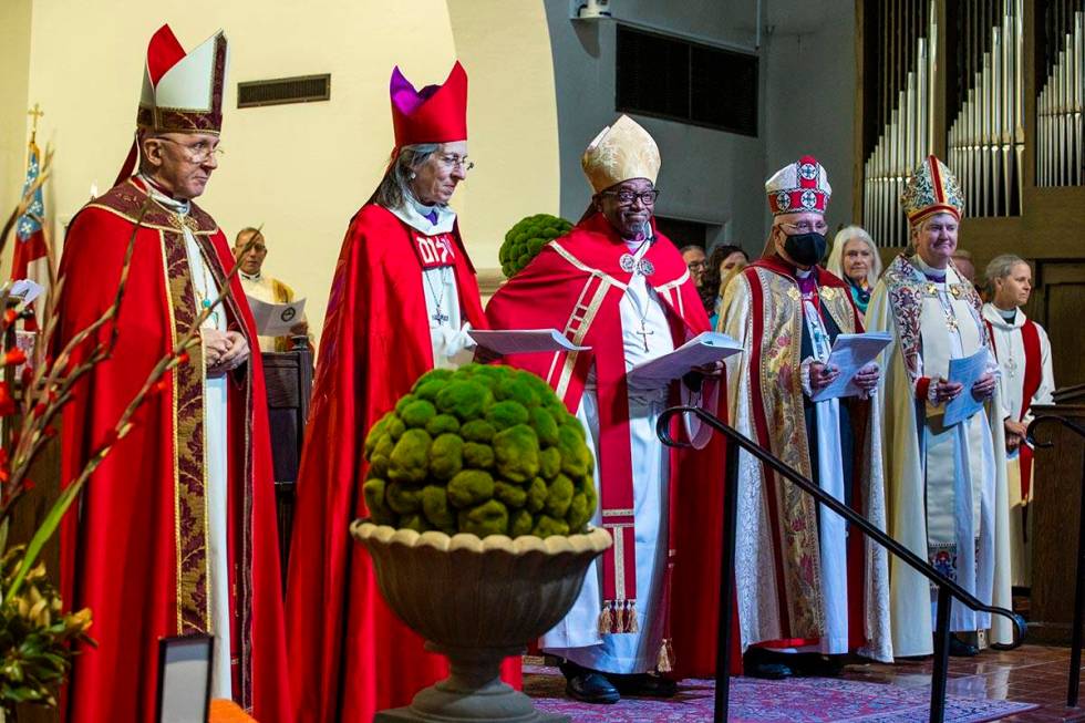 Bishops Peter Eaton, from left, Katharine Schori, Michael Curry, Dan Edwards and Gretchen Rehbe ...