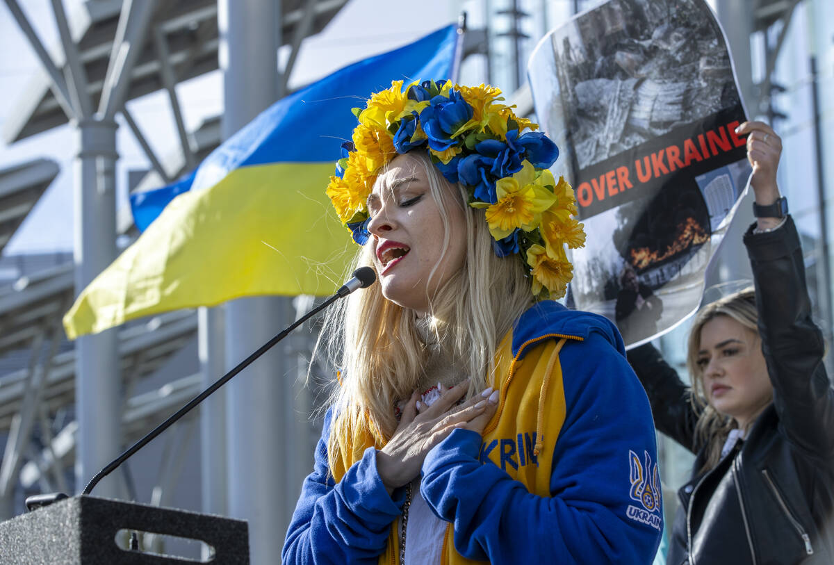 Mariana Sobol sings a Ukrainian song for the crowd during a Rally for Ukraine at City Hall on S ...
