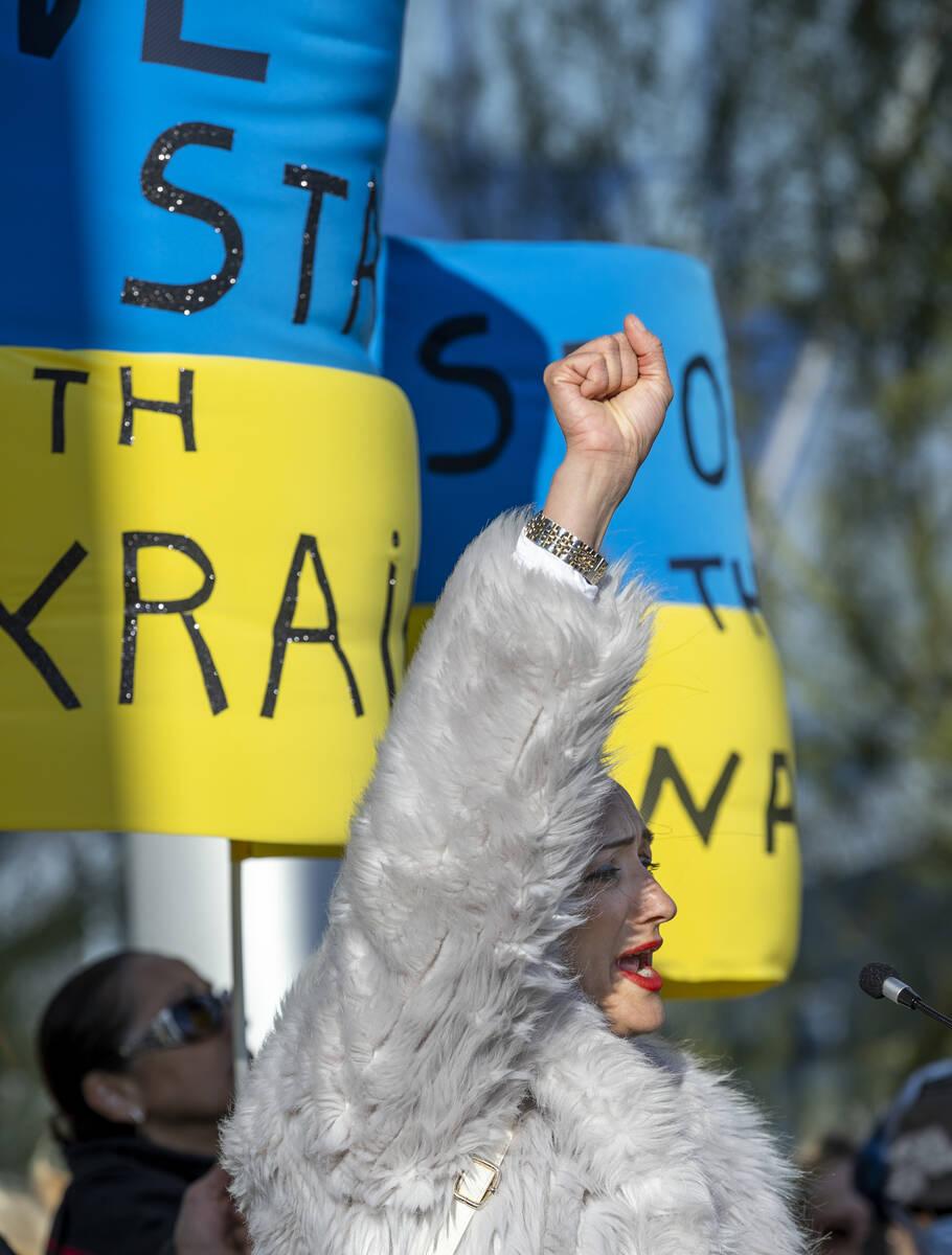 Oksana Georgiu chants a slogan in support of the Ukraine during a Rally for Ukraine at City Hal ...