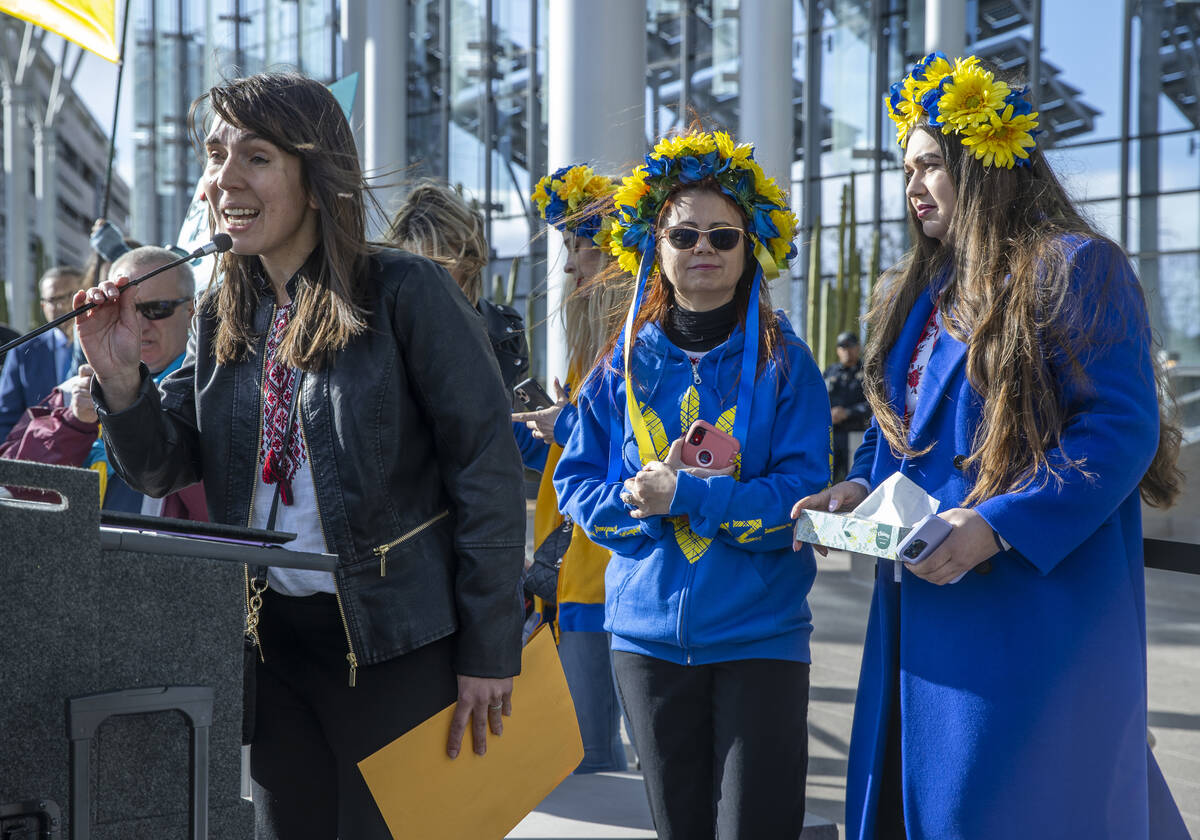 Organizer Lana Boley speaks to the crowd during a Rally for Ukraine at City Hall on Saturday, M ...