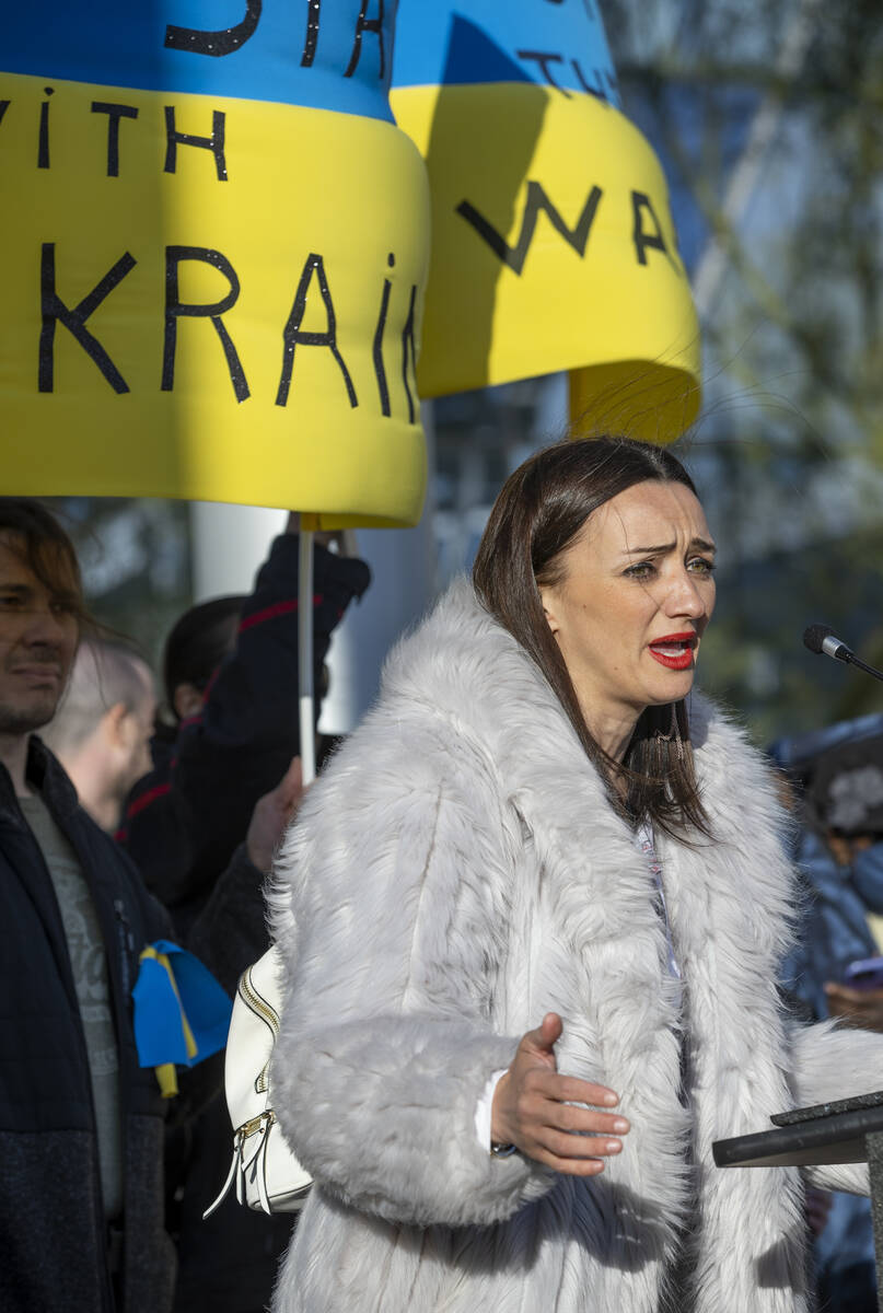 Oksana Georgiu speaks to the crowd during a Rally for Ukraine at City Hall on Saturday, March, ...