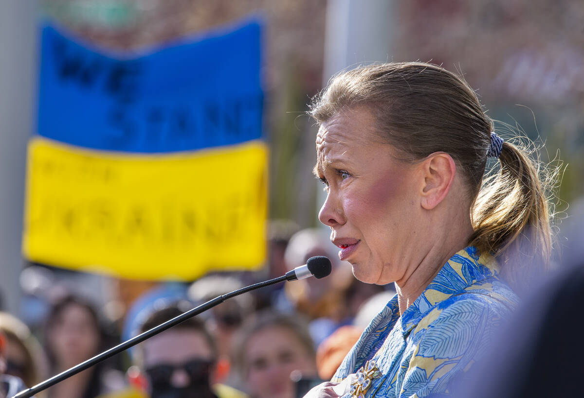 Former Olympic Ukrainian figure skater Oksana Baiul-Farina speaks with emotion during a Rally f ...