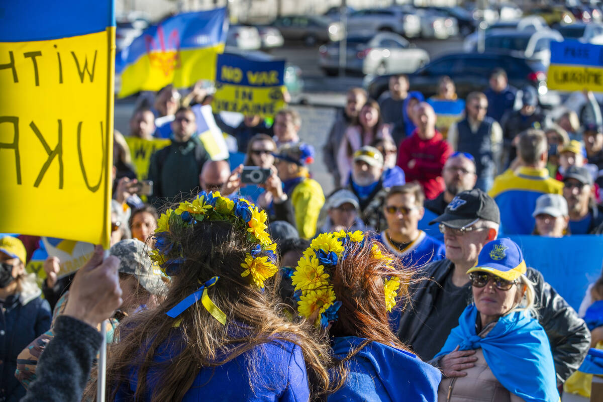 Speeches continue as a large crowd grows during a Rally for Ukraine at City Hall on Saturday, M ...