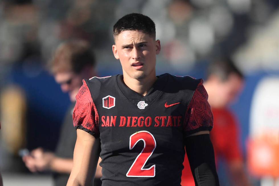 San Diego State place kicker Matt Araiza (2) plays during an NCAA football game against Utah in ...