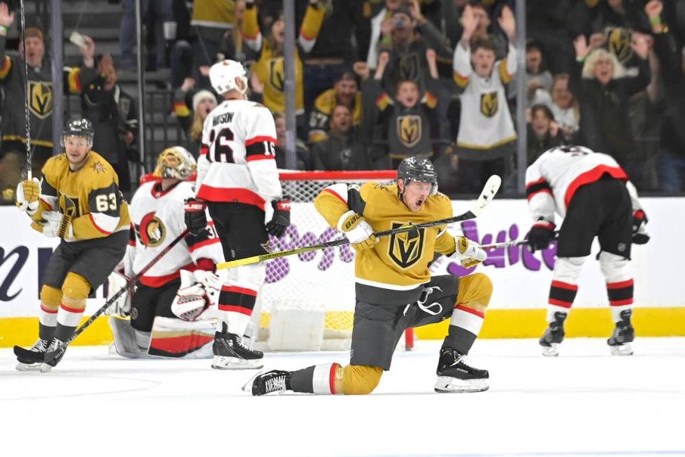 Vegas Golden Knights center Jack Eichel (9) reacts after scoring a goal against the Ottawa Sena ...