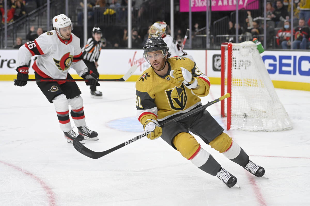 Vegas Golden Knights center Jonathan Marchessault (81) reacts after scoring against the Ottawa ...