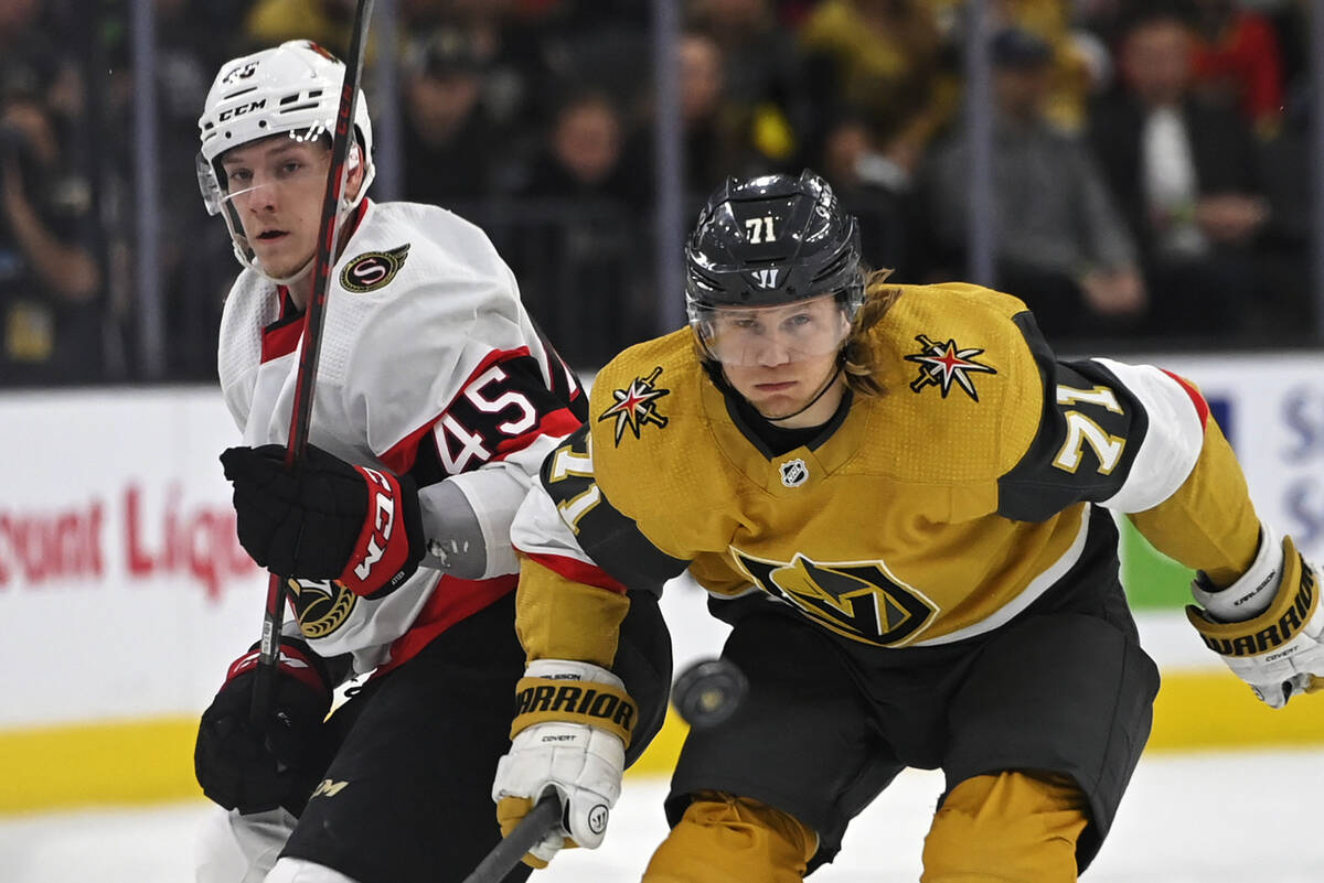 Ottawa Senators left wing Parker Kelly (45) and Vegas Golden Knights center William Karlsson (7 ...