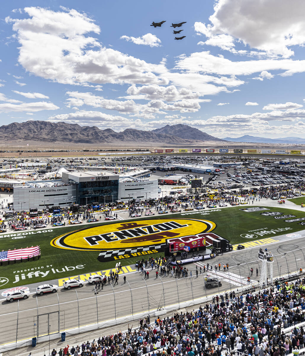 Heritage Flight members perform a fly over before the start of the Pennzoil 400 NASCAR Cup Seri ...