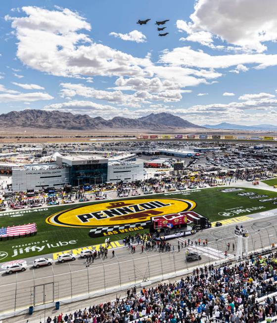 Heritage Flight members perform a fly over before the start of the Pennzoil 400 NASCAR Cup Seri ...