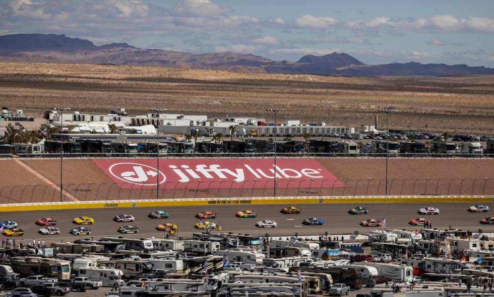 Drivers compete in the Pennzoil 400 NASCAR Cup Series race on Sunday, March 6, 2022, at Las Veg ...