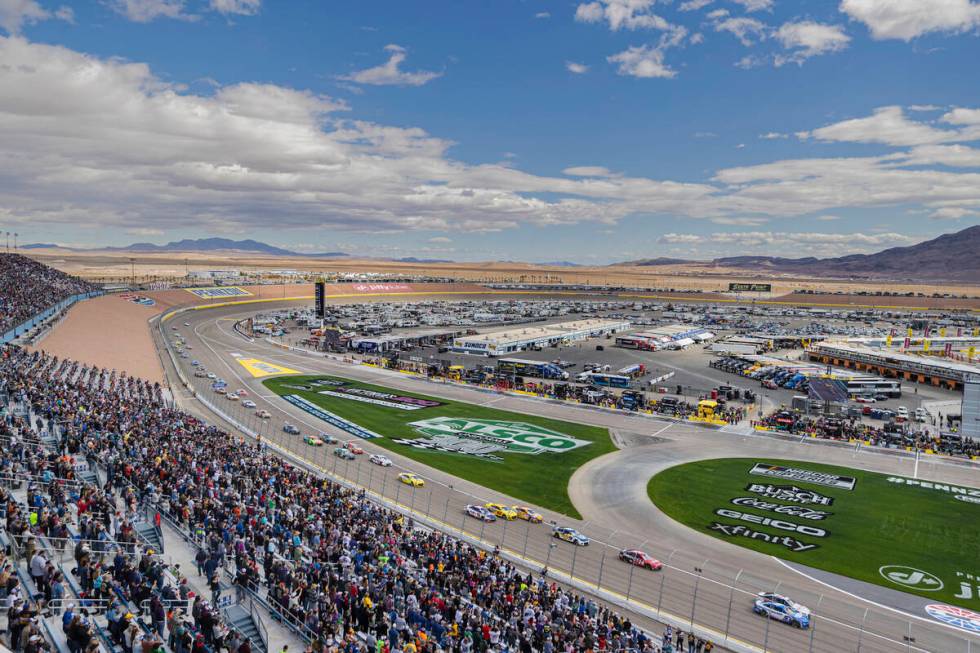 Drivers compete in the Pennzoil 400 NASCAR Cup Series race on Sunday, March 6, 2022, at Las Veg ...