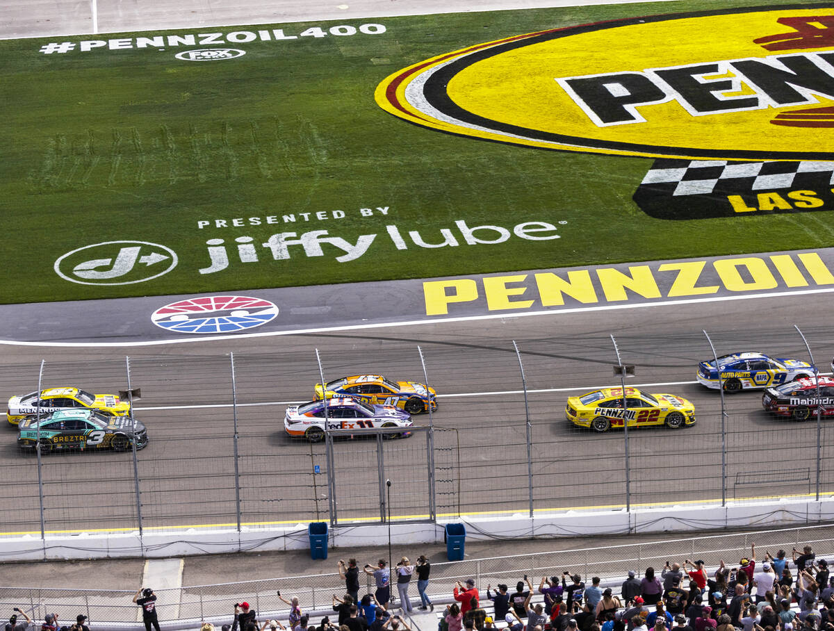 Drivers compete in the Pennzoil 400 NASCAR Cup Series race on Sunday, March 6, 2022, at Las Veg ...