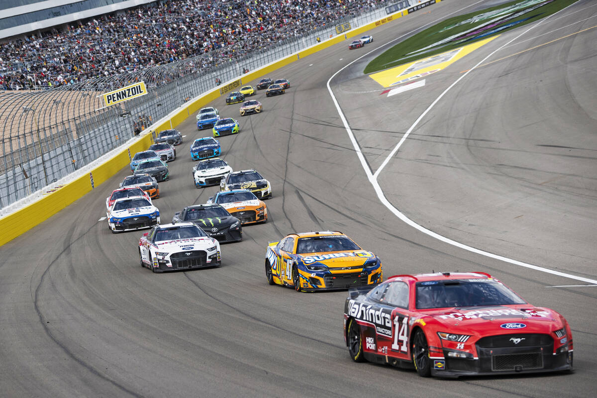 NASCAR Cup Series driver Chase Briscoe (14) leads the pack during the Pennzoil 400 NASCAR Cup S ...