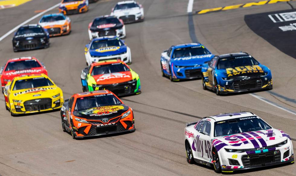 NASCAR Cup Series driver Alex Bowman (48) leads the pack in the Pennzoil 400 NASCAR Cup Series ...