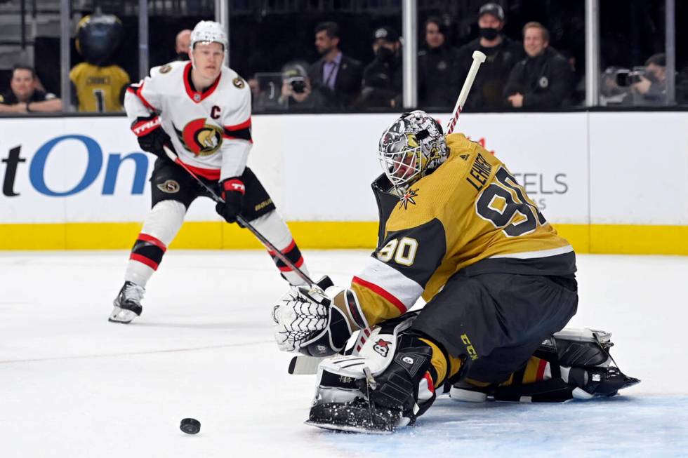 Vegas Golden Knights goaltender Robin Lehner (90) makes a save against the Ottawa Senators duri ...