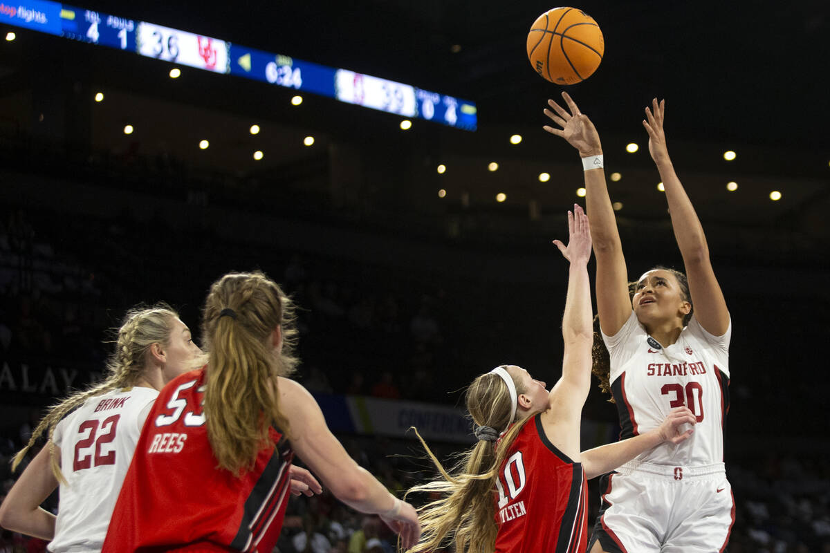 Stanford guard Haley Jones (30) shoots against Utah guard Dru Gylten (10) during the second hal ...