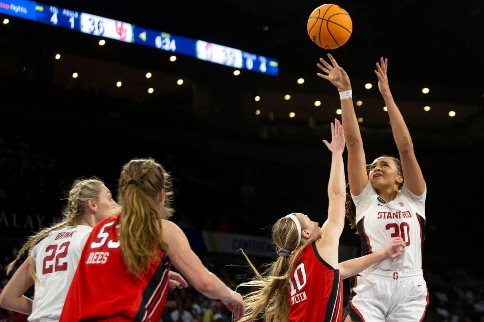 Stanford guard Haley Jones (30) shoots against Utah guard Dru Gylten (10) during the second hal ...