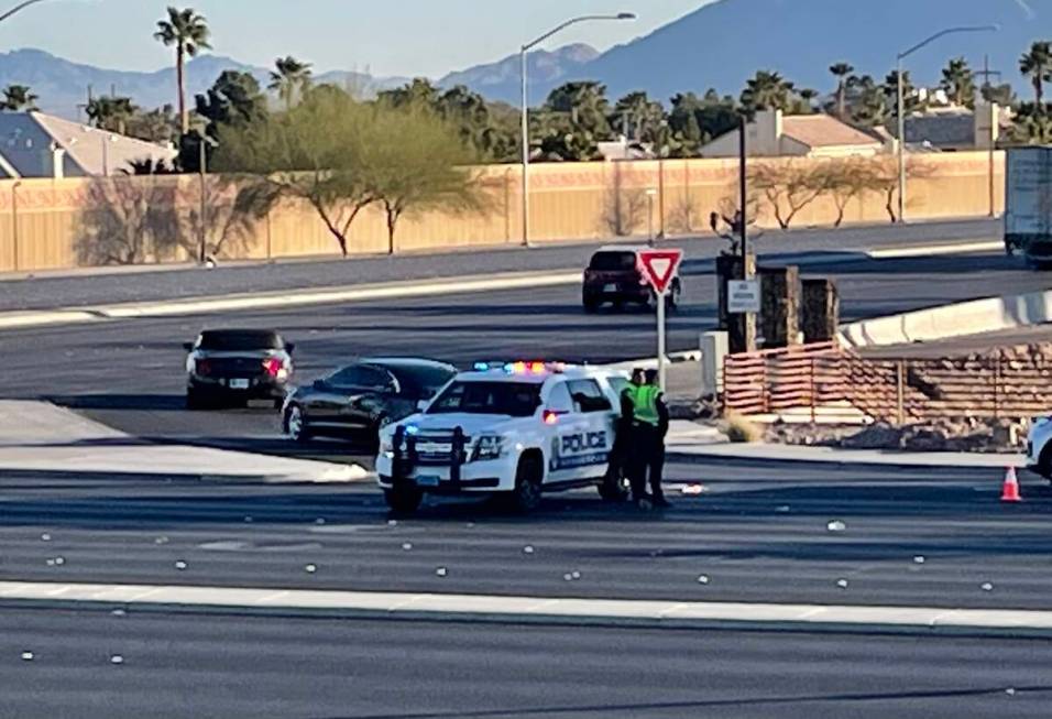 Henderson police investigate a crash at Eastern Avenue and St. Rose Parkway on Monday, March 7, ...