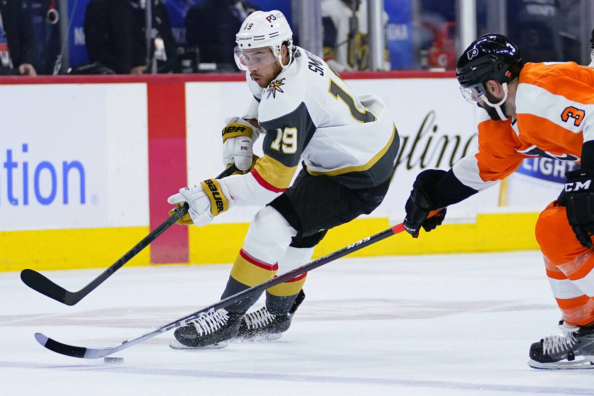 Vegas Golden Knights' Reilly Smith, left, and Philadelphia Flyers' Keith Yandle battle for the ...